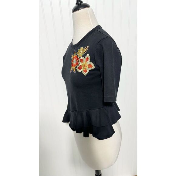 Sandro Paris Women's Asymmetric Peplum Floral Patch Embroidered Tee Black Size 4 - Picture 6 of 15